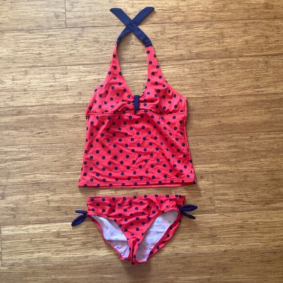 Land’s End Red W/Blue Polkadot Girls 2-Piece Bathing Suit, Size 12 - Picture 1 of 15